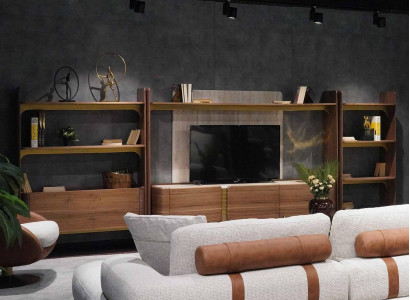 Luxury Wall unit Design Living room Suite Furniture Brown Wood Bookshelf Shelves